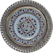 Armada Çini PRT 35 25-cm-Sarı-Altın-yaldızlı-Lale-karanfil-desenli-gümüş-çerçeveli-porselen-çini-tabak
