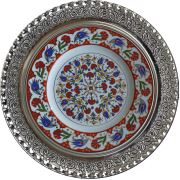 Armada Çini PRT 38 25-cm-Kırmızı-Altın-yaldızlı-Lale-karanfil-desenli-gümüş çerçeveli porselen-çini-tabak