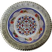 Armada Çini PRT 41 25-cm-Mavi-Altın-yaldızlı-Lale-karanfil-desenli- gümüş çerçeveli porselen-çini-tabak