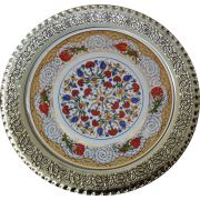 Armada Çini PRT 44-25-cm-Sarı-Altın-yaldızlı-Lale-karanfil-desenli-gümüş-çerçeveli-porselen-çini-tabak