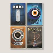 Art Red Gallery Rakı, Nargile, Nazar Boncuğu ve Türk Kahvesi Poster 4 Parçalı Set Tablo 60x40 cm