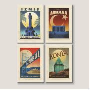 Art Red Gallery İzmir, Ankara,İstanbul ve Konya Poster 4 Parçalı Set Tablo 60x40 cm