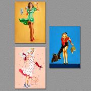 Art Red Gallery Retro Çizim Kadınlar 3 Parça Set Tablo (Özel Seri) 30x60 cm