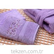 Nakışlı Bornoz Takımı Tek Kişilik Lila (Kese Hediyeli)