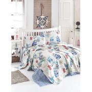 Eponj Home Baskılı Pike Takımı Tek Kişilik Marine Beyaz