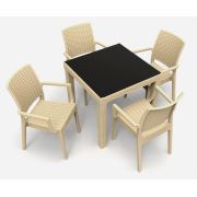 Estelia Evra Camlı 80x80 Masa + 4 Adet Flora Koltuk Kapuçino