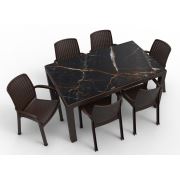 Estelia Milena Mermer Desenli 90x150 Masa + 6 Adet Royal Koltuk Kahverengi