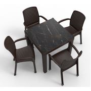 Estelia Evra Mermer Desenli 80x80 Masa + 4 Adet Royal Koltuk Kahverengi