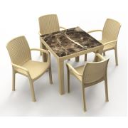 Estelia Evra Mermer Desenli 80x80 Masa + 4 Adet Royal Koltuk Kapuçino
