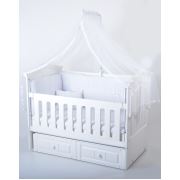 Heyner Mdf 70x130 Lake Beyaz Sallanır Beşik Çift Çekmeceli Bebek Beşiği Uyku Seti ve Yataklı Fransız Beyaz Güpürlü