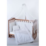 Heyner Ahşap 60x120 Ceviz Anne Yanı Beşik 3 Kademeli Bebek Beşiği Uyku Seti ve Yataklı Fransız Ekru Güpürlü