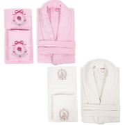 Homex Nakışlı Taşlı Aile Bornoz Seti- Pembe/Krem
