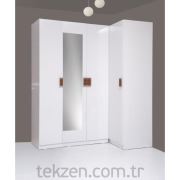 Kenyap Plus 814830 Stella AYNALI Raflı&Üç Çekmeceli Dört Kapılı Köşe Sonsuz Gardırop-Parlak Beyaz