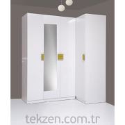 Kenyap Plus 814939 Stella AYNALI Raflı&Üç Çekmeceli Dört Kapılı Köşe Sonsuz Gardırop-Parlak Beyaz