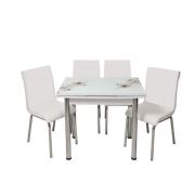 Kristal Beyaz Monopetli 4 Sandalye ve 60x90 Yandan Açılır Kahve Sümbül Cam Masa