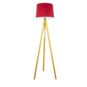 Lambadar Rustik Ahşap 3 Ayak Natural Açık Kahverengi Tripod Lambader Kırmızı Konik Şapka