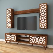 Rani A8 Duvar Raflı Kitaplıklı Tv Ünitesi Duvara Monte Desenli Dolaplı Modern Ayaklı Tv Sehpası Ceviz Beyaz