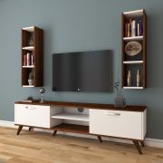 Rani A9 Duvar Raflı Kitaplıklı Tv Ünitesi Duvara Monte Dolaplı Modern Ayaklı Tv Sehpası Ceviz Beyaz M6