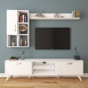 Rani A9 Duvar Raflı Kitaplıklı Tv Ünitesi Duvara Monte Dolaplı Modern Ayaklı Tv Sehpası Beyaz M44
