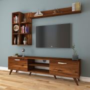 Rani A9 Duvar Raflı Kitaplıklı Tv Ünitesi Duvara Monte Dolaplı Modern Ayaklı Tv Sehpası Ceviz M42