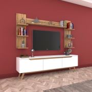 Rani D1 Duvar Raflı Kitaplıklı Tv Ünitesi Duvara Monte Dolaplı Ahşap Ayaklı Tv Sehpası Ceviz Beyaz M23