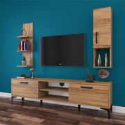 Rani A10 Duvar Raflı Kitaplıklı Tv Ünitesi Duvara Monte Dolaplı Metal Ayaklı Tv Sehpası Ceviz M3