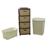 Sağlam Plastik Örgü Kirli Çamaşır Sepeti- Çamaşır Sepeti - Komodin 3'lü Set Krem