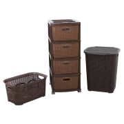 Sağlam Plastik Örgü Kirli Çamaşır Sepeti- Çamaşır Sepeti - Komodin 3'lü Set Kahverengi