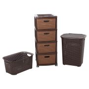 Sağlam Plastik Hasır Kirli Çamaşır Sepeti- Çamaşır Sepeti - Komodin 3'lü Set Kahverengi
