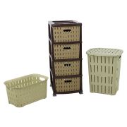 Sağlam Plastik Bambu Kirli Çamaşır Sepeti- Çamaşır Sepeti - Komodin 3'lü Set Krem
