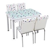 Tekzen Home Renkli Çiçek Desenli Açılır Cam Masa Takımı - 4 Sandalye