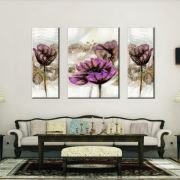 Tekzen 005 Üç Parçalı Erguvan Renkli Çiçekler Kanvas Tablo 100x70 cm Üçlü Tablo