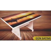 Tekzen Home Mdf Tekerlekli Cam Orta Sehpa - Gün Batımı Desenli