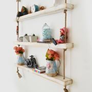 222 Concept Masif Ağaç Eskitme Beyaz Renk 75x9x4 cm Halatlı Raf CPT1085-75