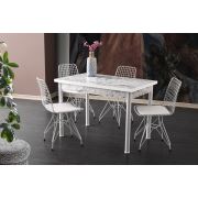 Tekzen Home Yemek Masası + 4 Sandalye Seti(Büyüyen Masa/Beyaz Mermer Tel Sandalye/Beyaz)