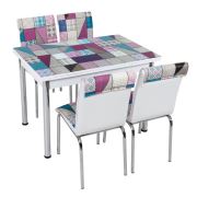 Tekzen Home Mavi Yama Desenli Büyüyen Cam Masa+4 Sandalye Seti