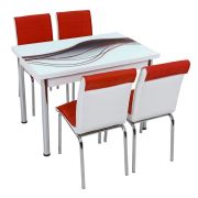 Tekzen Home Siyah Dalga Desenli Büyüne Cam Masa+4 Sandalye Seti