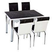 Tekzen Home Siyah Mermer Desenli Büyüen Cam Masa+4 Sandalye Seti