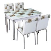 Tekzen Home Mermer Çiçek Desenli Büyüyen Cam Masa+4 Sandalye Seti