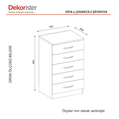 Dekorister Diva 5 Cekmeceli Sifonyer Beyaz Tekzen