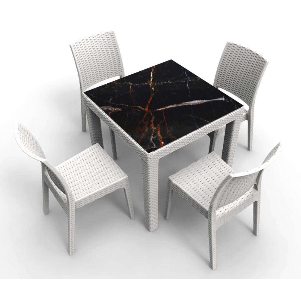Estelia Evra Mermer Desenli 80x80 Masa + 4 Adet Elisa Sandalye Beyaz