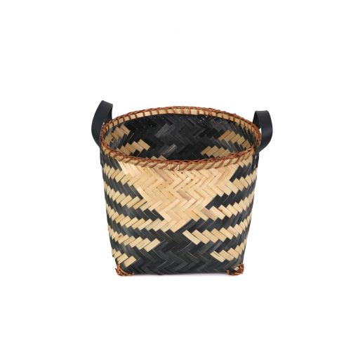 Kanca Ev Siyah Dalga Desenli Sert Hasırdan Yuvarlak Kare Tabanlı Sepet