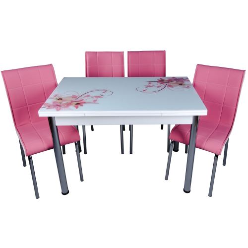 Yandan Açılır Cam Masa ve Sandalye Takımı Pembe Zambak 4 Kişilik Tekzen