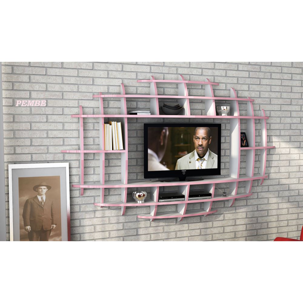 Sanal Mobilya Yeni Nesil Elips Tv Ünitesi &amp; Kitaplık Parlak BeyazPembe