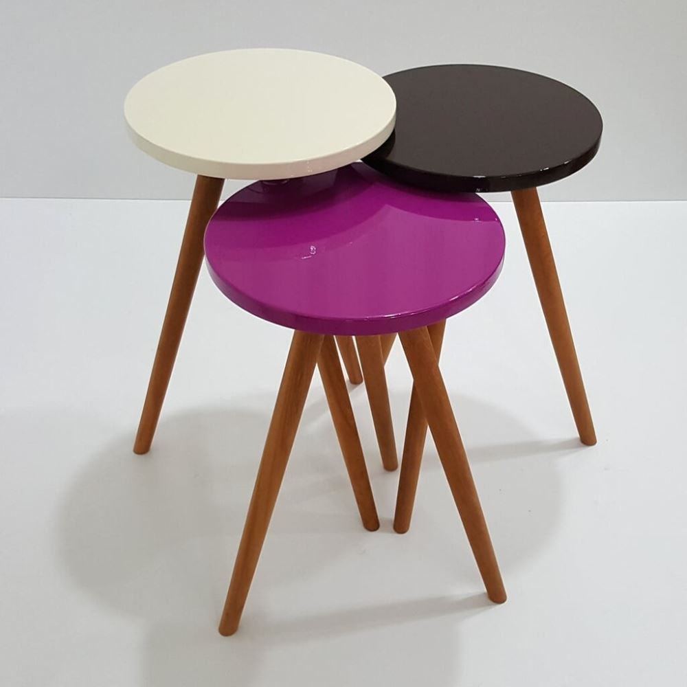 Sanal Mobilya Truva 3lü Zigon Sehpa Krem Siyah Mor Tekzen