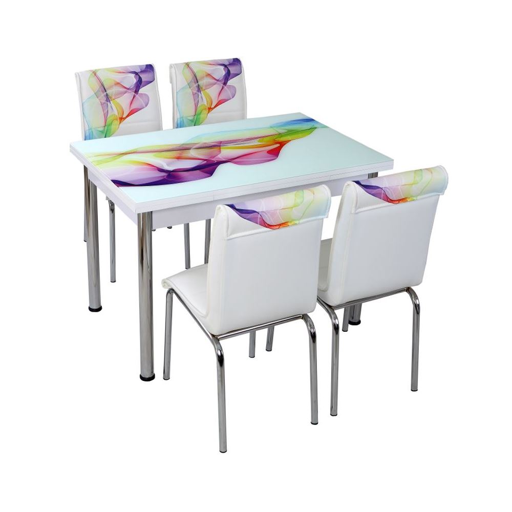 Tekzen Home Rainbow Hayal Desenli Büyüyen Cam Masa+4 Sandalye Seti Tekzen